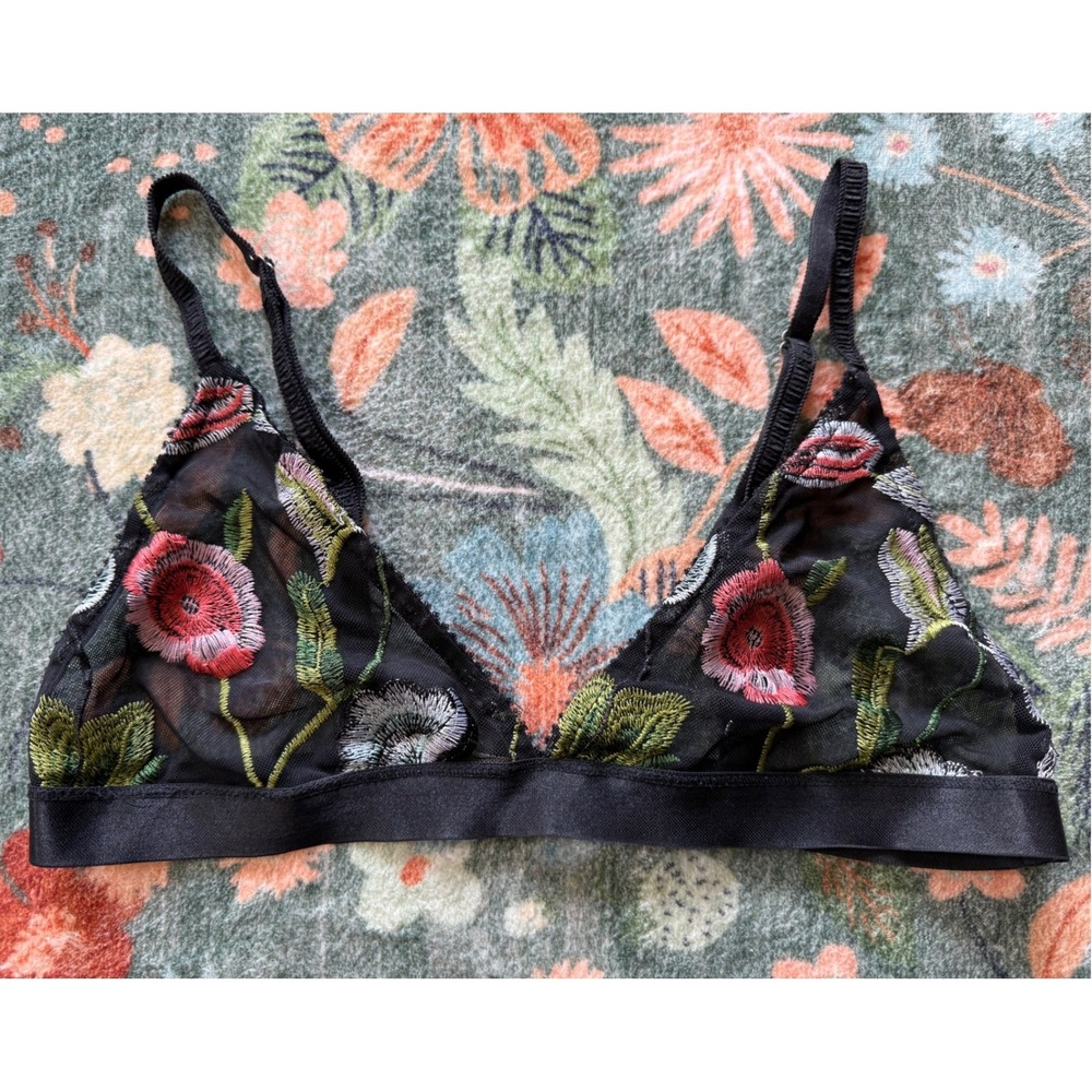 Honey Punch Black Mesh Floral Embroidered Triangle Bralette Size Large Boho Rose